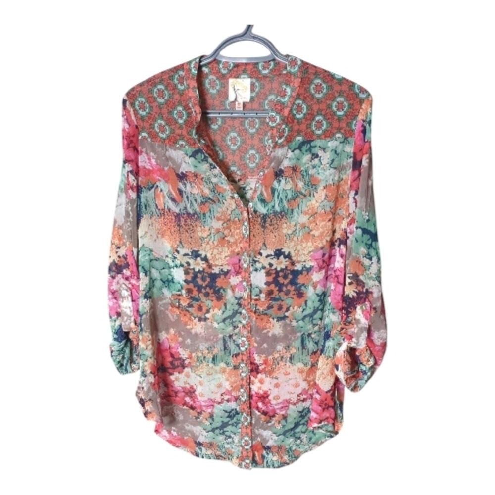 FIG & FLOWER (Anthro) Roll-tab Crinkle Chiffon Blouse Coral Teal Relaxed Fit M